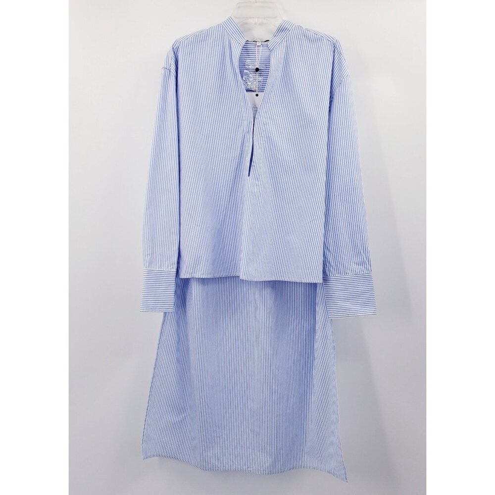 L'Academie High Low Popover Shirt Women M Blue White Stripe Long Tail Hook Front - Picture 1 of 9